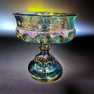 Indiana Glass Pedestal Compote Blue iridescent "Kings Crown" VTG 1970's USA